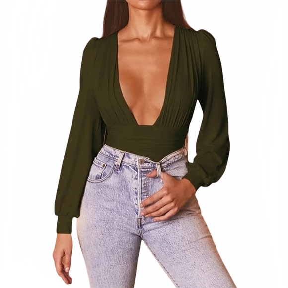 Black Deep V Neck long sleeve Bodysuit - Picture 11 of 14